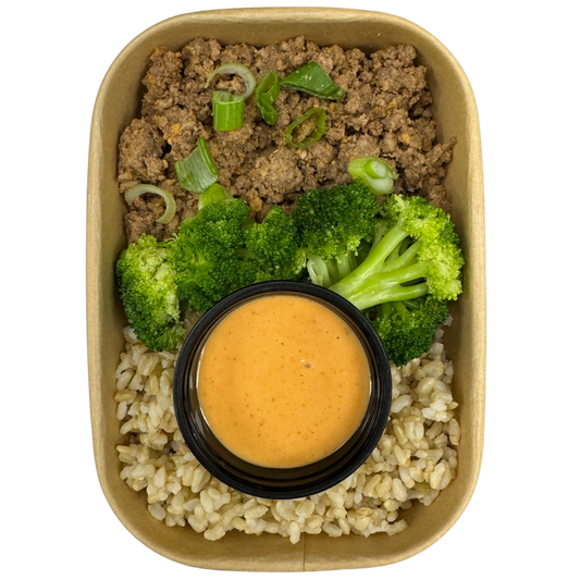 General Tsos Beef Brown Rice Broccoli & Spicy Mayo